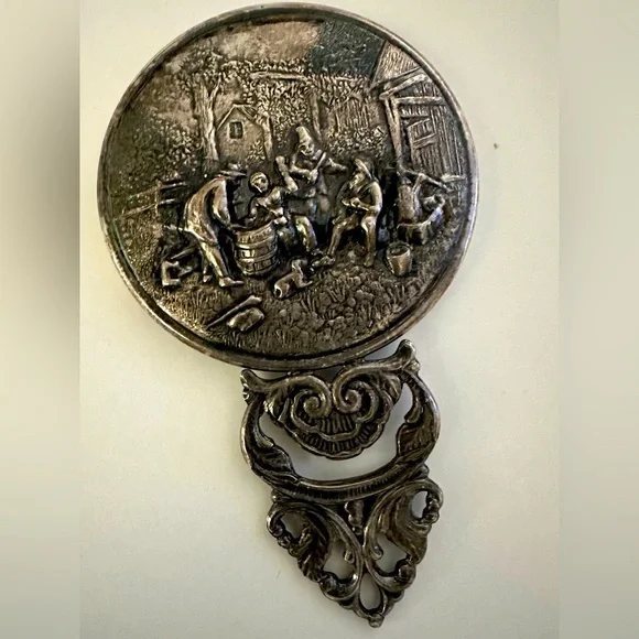 Vintage Handheld Repousse Mirror Denmark Signed Silver Plated Hans Jensen Scene